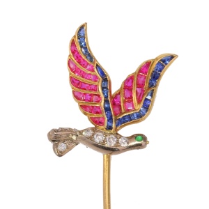 Art Deco-Inspired Vintage Tiepin Featuring a Flying Bird with Multicoloured Gemstones